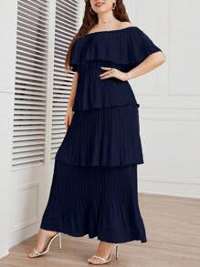 Mulvari Talla grande Vestido de hombros descubiertos ribete con fruncido bajo a capas - Azul Marino - Ver 5