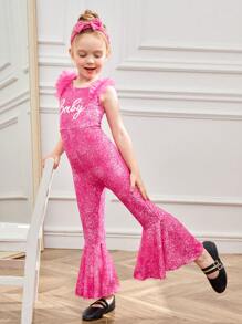 SHEIN Young Girl Letter Graphic Ruffle Hem Flare Leg Jumpsuit - Hot Pink - View 1