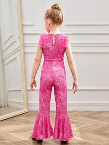 SHEIN Young Girl Letter Graphic Ruffle Hem Flare Leg Jumpsuit - Hot Pink - View 2