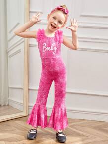 SHEIN Young Girl Letter Graphic Ruffle Hem Flare Leg Jumpsuit - Hot Pink - View 3