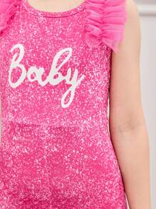 SHEIN Young Girl Letter Graphic Ruffle Hem Flare Leg Jumpsuit - Hot Pink - View 6