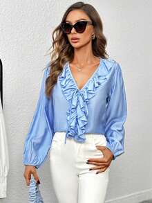 SHEIN Frenchy Ruffle Trim Knot Front Lantern Sleeve Blouse - Blue - View 3