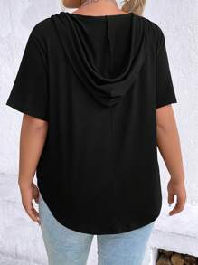 EMERY ROSE Plus Half Zip Curved Hem Drawstring Hooded Tee