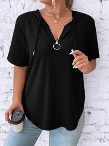EMERY ROSE Plus Half Zip Curved Hem Drawstring Hooded Tee