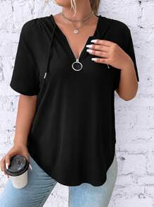 EMERY ROSE Plus Half Zip Curved Hem Drawstring Hooded Tee