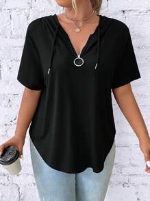 EMERY ROSE Plus Half Zip Curved Hem Drawstring Hooded Tee