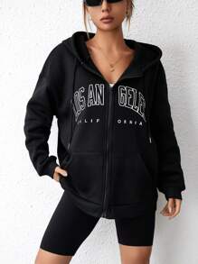 INAWLY Letter Graphic Zip Up Drop Shoulder Drawstring Thermal Lined Hoodie,Long Sleeve Tops Graduation,Back To School,Graduation,Teacher For Women,Back To School Fall Sweatshirt - Black - View 7