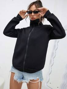 SHEIN EZwear Dây kéo Thả vai Áo nỉ - màu đen - Xem 1