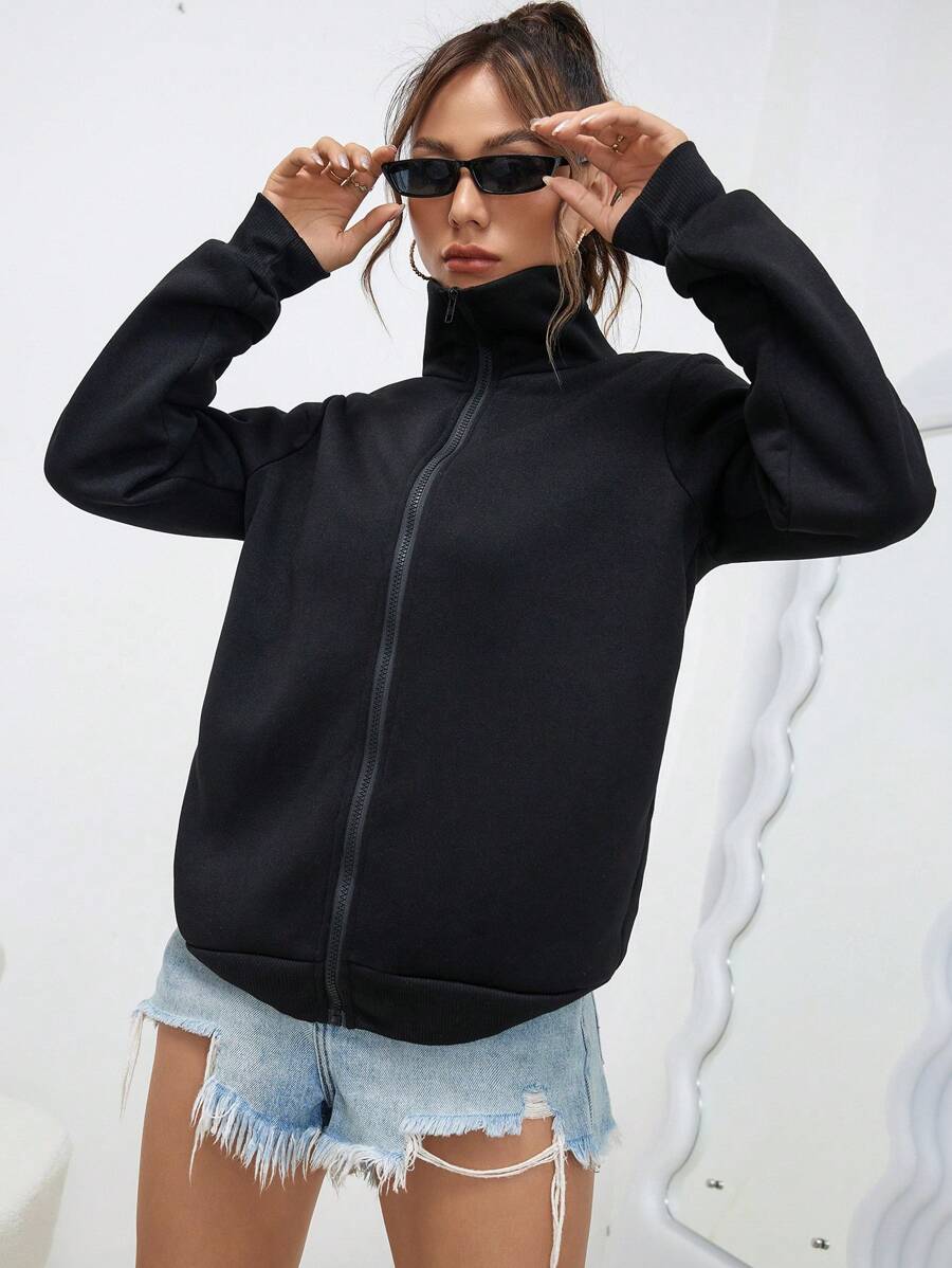 SHEIN EZwear Dây kéo Thả vai Áo nỉ - màu đen - Xem 1