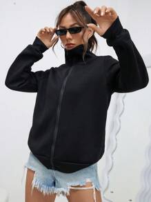 SHEIN EZwear Dây kéo Thả vai Áo nỉ - màu đen - Xem 3