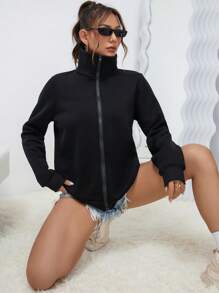 SHEIN EZwear Dây kéo Thả vai Áo nỉ - màu đen - Xem 4
