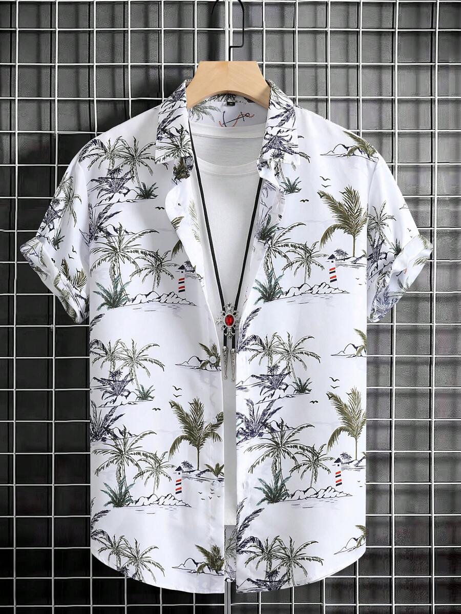 Men Tropical Print Shirt Without Tee - White - View 1
