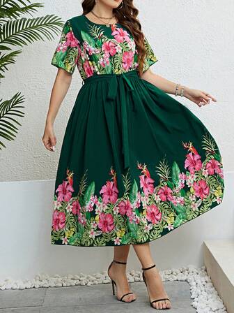 大碼印花繫腰帶連衣裙