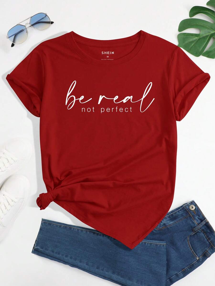 INAWLY Slogan Graphic Tee Be Real Not Perfect Graphic Tees Women Tops - Burgundy - View 1