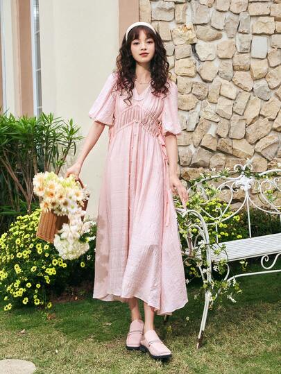 Solid Puff Sleeve A-line Dress