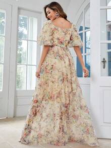 Floral Print Puff Sleeve Mesh Overlay Dress - Multicolor - View 2