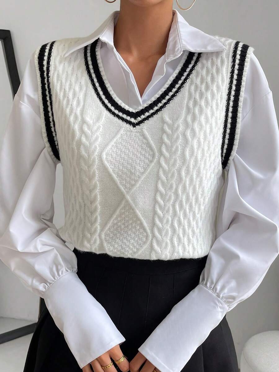 SHEIN Qutie 條紋飾邊麻花編織毛衣背心不帶襯衫 - 白色 - 查看 1