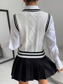 SHEIN Qutie 條紋飾邊麻花編織毛衣背心不帶襯衫 - 白色 - 查看 2