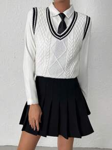 SHEIN Qutie 條紋飾邊麻花編織毛衣背心不帶襯衫 - 白色 - 查看 4