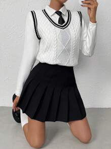 SHEIN Qutie 條紋飾邊麻花編織毛衣背心不帶襯衫 - 白色 - 查看 5