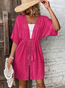 Swim Vcay 拼接水溶蕾絲蝙蝠袖腰部抽繩和服罩衫 - 玫紅色 - 查看 1