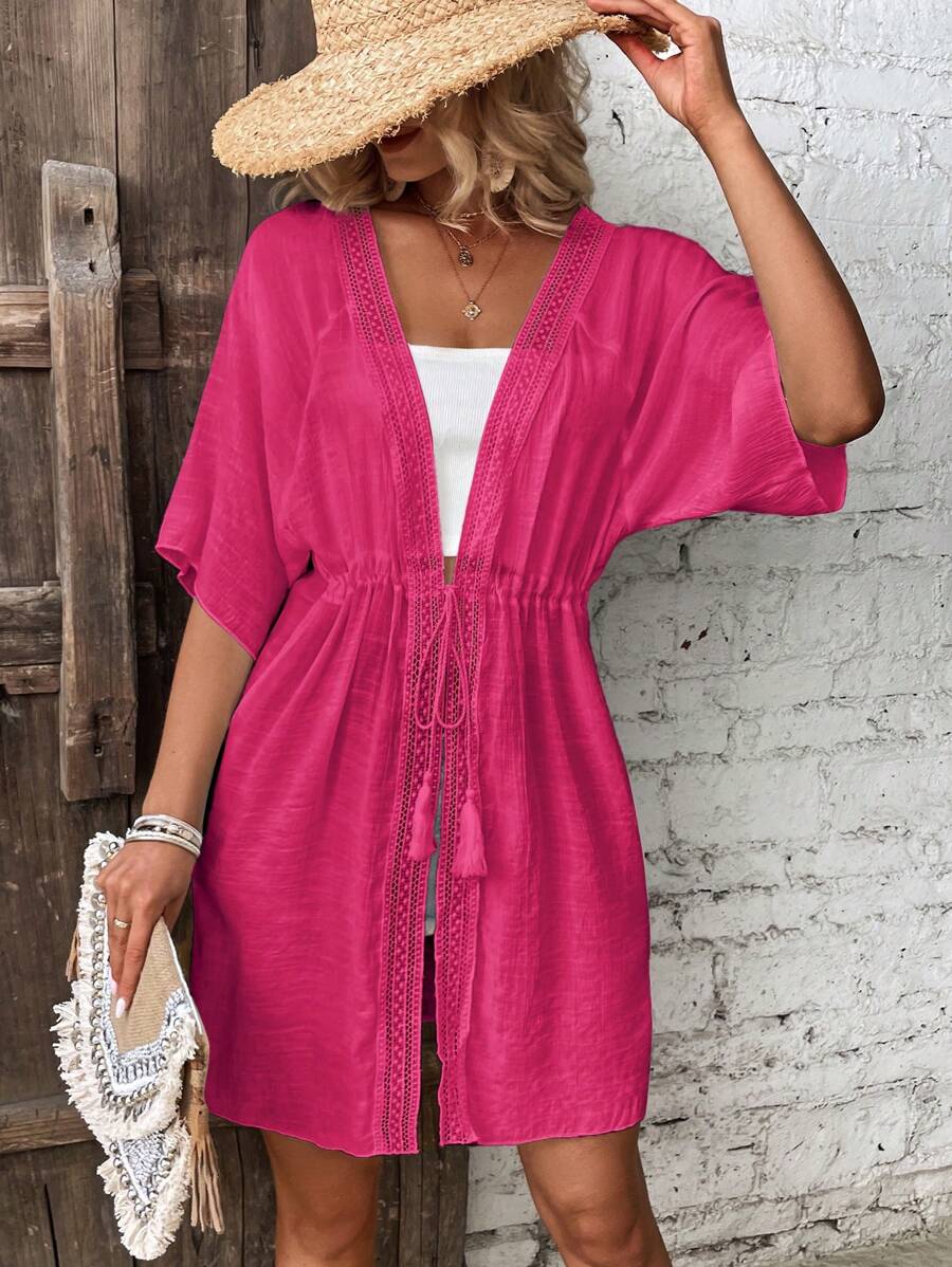 Swim Vcay 拼接水溶蕾絲蝙蝠袖腰部抽繩和服罩衫 - 玫紅色 - 查看 1