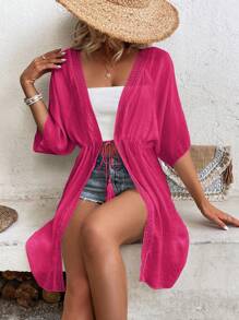 Swim Vcay 拼接水溶蕾絲蝙蝠袖腰部抽繩和服罩衫 - 玫紅色 - 查看 4