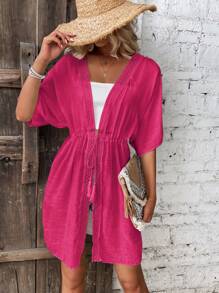 Swim Vcay 拼接水溶蕾絲蝙蝠袖腰部抽繩和服罩衫 - 玫紅色 - 查看 5