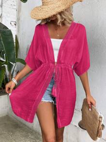 Swim Vcay 拼接水溶蕾絲蝙蝠袖腰部抽繩和服罩衫 - 玫紅色 - 查看 6