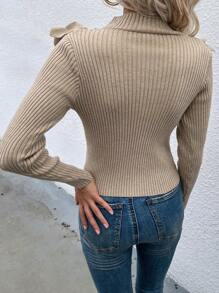 Chiquease Jersey de punto acanalado con cuello de pico y acabado de volantes, tops de manga larga