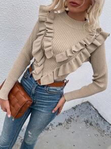 Chiquease Jersey de punto acanalado con cuello de pico y acabado de volantes, tops de manga larga