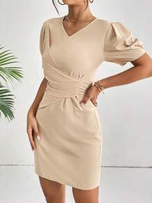 SHEIN Privé Puff Sleeve Ruched Front Dress - Khaki - View 1