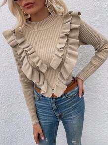 Chiquease Jersey de punto acanalado con cuello de pico y acabado de volantes, tops de manga larga