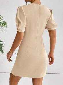SHEIN Privé Puff Sleeve Ruched Front Dress - Khaki - View 2