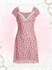 ROMWE Cherry Print Contrast Lace Dress - Pink - View 1