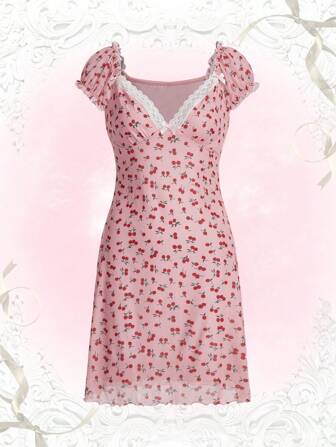 Cherry Print Contrast Lace Dress