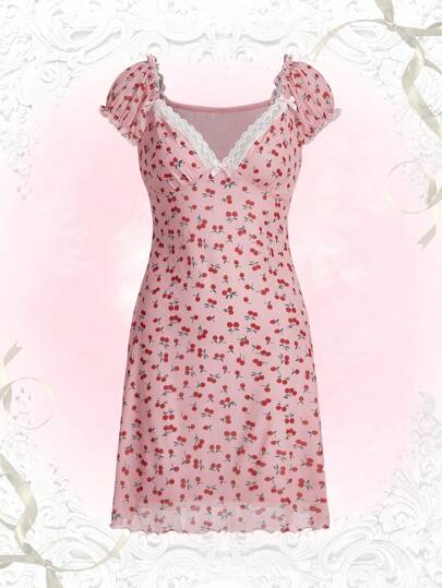 Cherry Print Contrast Lace Dress