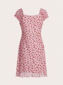 ROMWE Cherry Print Contrast Lace Dress - Pink - View 2