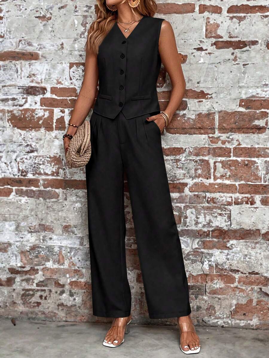 EMERY ROSE Solid Button Front Waistcoat & Slant Pocket Trousers - Black - View 1