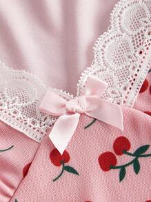 ROMWE Cherry Print Contrast Lace Dress - Pink - View 3