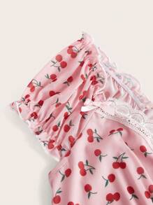 ROMWE Cherry Print Contrast Lace Dress - Pink - View 4