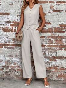 SHEIN LUNE 前紐扣馬甲西裝外套和斜口袋長褲 - 淺灰色 - 查看 1