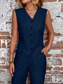 SHEIN LUNE Nút phía trước Áo khoác Vest & Quần ống rộng - Màu xanh hải quân - Xem 5