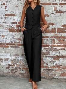 EMERY ROSE Solid Button Front Waistcoat & Slant Pocket Trousers - Black - View 6