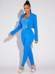 SHEIN SXY Solid Lapel Neck Blazer - Blue - View 5