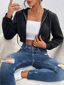 SHEIN PETITE Dây kéo Dây rút Áo hoodie ngắn - màu đen - Xem 3