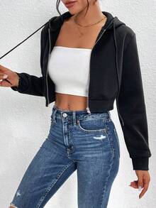 SHEIN PETITE Dây kéo Dây rút Áo hoodie ngắn - màu đen - Xem 5