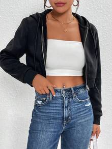 SHEIN PETITE Dây kéo Dây rút Áo hoodie ngắn - màu đen - Xem 6