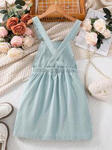 女大童字母補丁細節荷葉邊背帶洋裝不帶T恤 - 藍色 - 查看 2