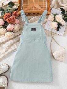 女大童字母補丁細節荷葉邊背帶洋裝不帶T恤 - 藍色 - 查看 7